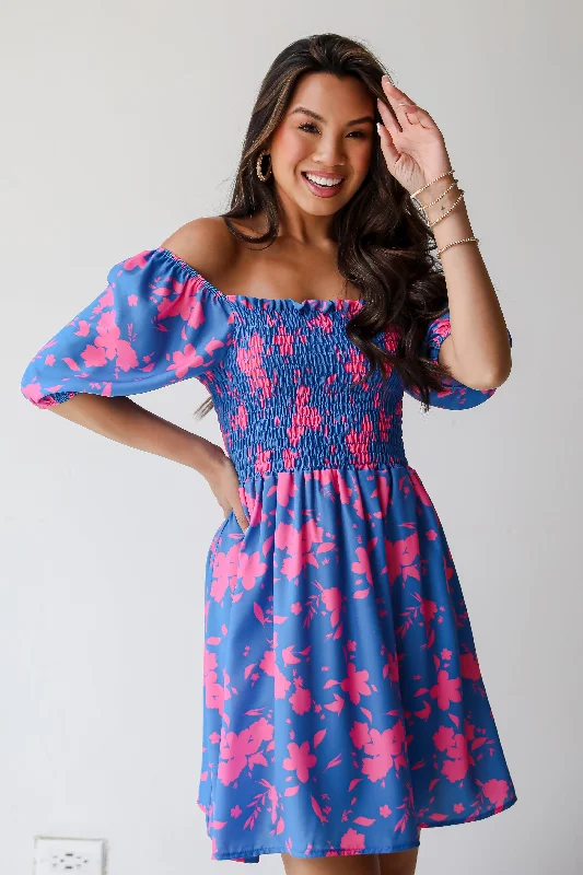 FINAL SALE - Sweetly Vibing Blue Floral Mini Dress Trendy Denim Mini Dress