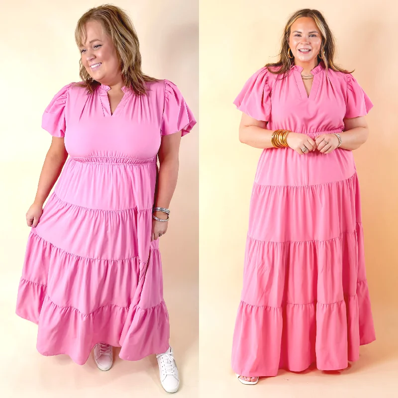 Table for Two Tiered Maxi Dress with Puff Sleeves in Bubblegum Pink Trendy Maxi Dress with Lace Table for Two Tiered Maxi Dress with Puff Sleeves in Bubblegum Pink Trendy Maxi Dress with Lace