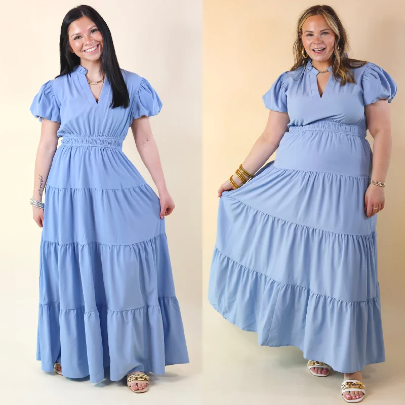 Table for Two Tiered Maxi Dress with Puff Sleeves in Chambray Blue Fashionable High-Low Maxi Dress Table for Two Tiered Maxi Dress with Puff Sleeves in Chambray Blue Fashionable High-Low Maxi Dress