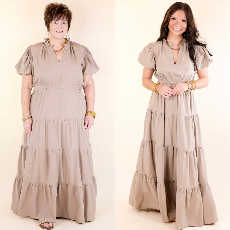 Table for Two Tiered Maxi Dress with Puff Sleeves in Light Mocha Brown Comfortable Bohemian Maxi Dress Table for Two Tiered Maxi Dress with Puff Sleeves in Light Mocha Brown Comfortable Bohemian Maxi Dress