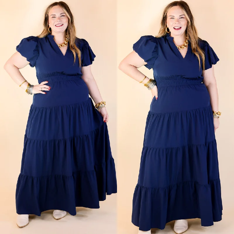 Table for Two Tiered Maxi Dress with Puff Sleeves in Navy Blue Stylish Button-Up Maxi Dress Table for Two Tiered Maxi Dress with Puff Sleeves in Navy Blue Stylish Button-Up Maxi Dress