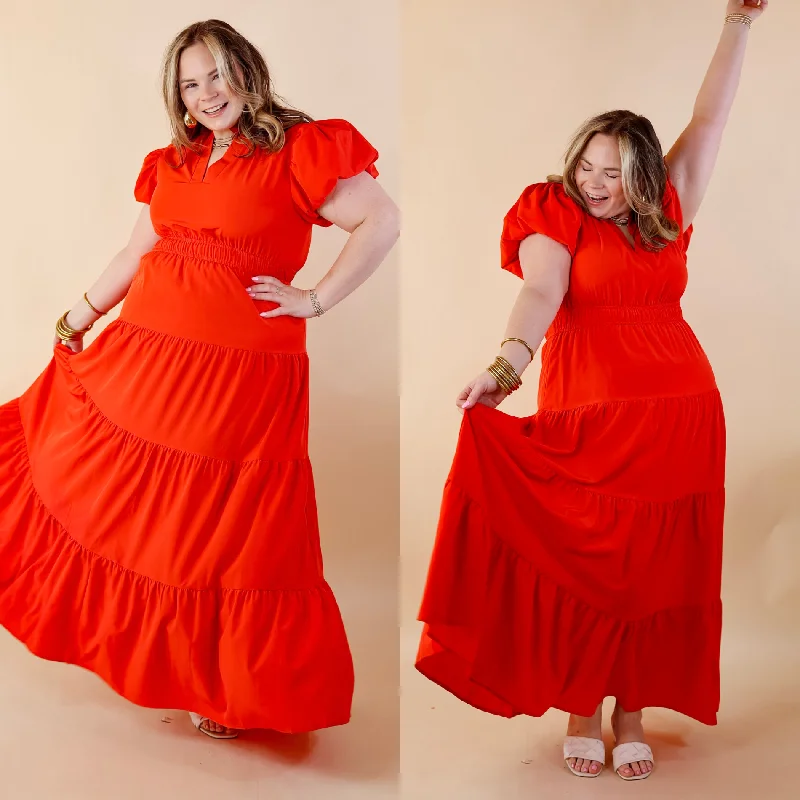 Table for Two Tiered Maxi Dress with Puff Sleeves in Red Cozy Longline Maxi Dress