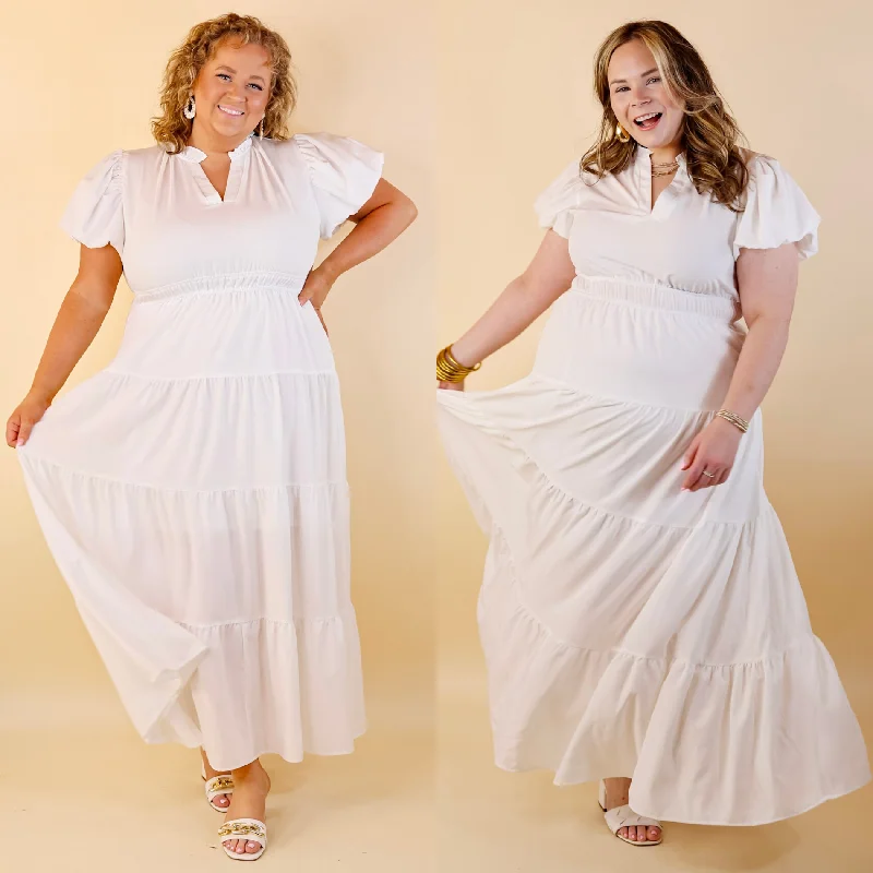Table for Two Tiered Maxi Dress with Puff Sleeves in White Elegant Sleeveless Maxi Dress Table for Two Tiered Maxi Dress with Puff Sleeves in White Elegant Sleeveless Maxi Dress