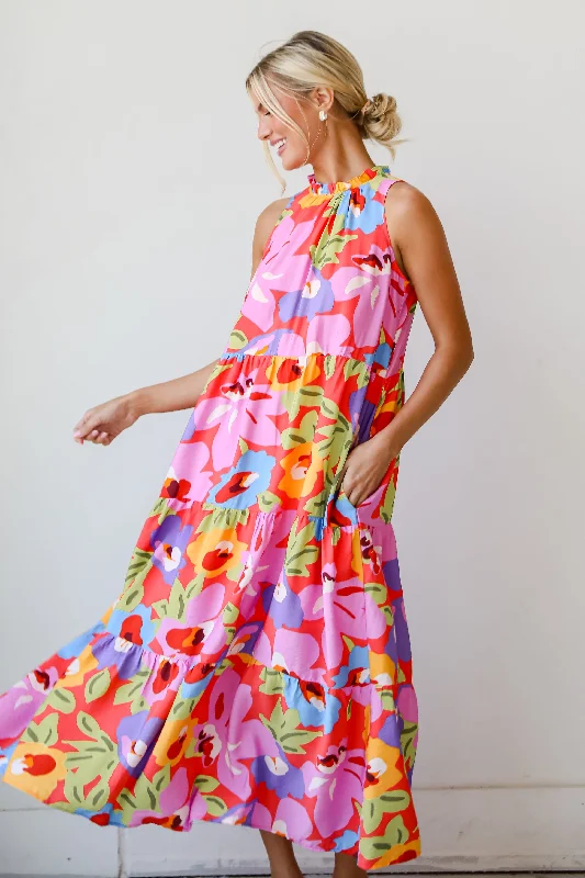FINAL SALE - Truly Inspiring Pink Floral Tiered Maxi Dress Fashionable Chiffon Tiered Maxi Dress