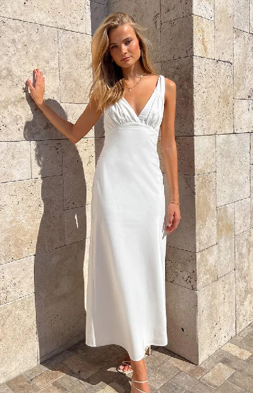 Verlaine White Linen Blend Maxi Dress Elegant Maxi Dress with Slit
