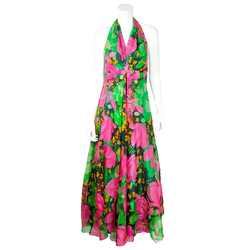 Vintage 1960s Halter Maxi Dress Floral Chiffon Size M Trendy A-Line Maxi Dress