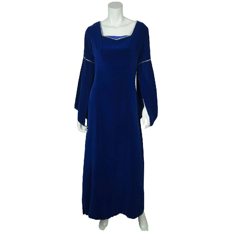 Vintage 70s Blue Velvet Maxi Dress Split Bell Sleeve Cozy Ribbed Maxi Dress