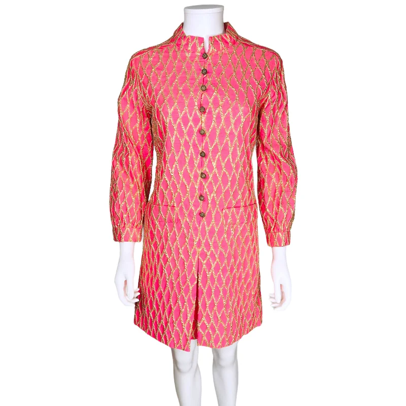 Vintage Mod 60s Mini Dress Pink & Gold Paris Original Sz M Casual V-Neck Mini Dress