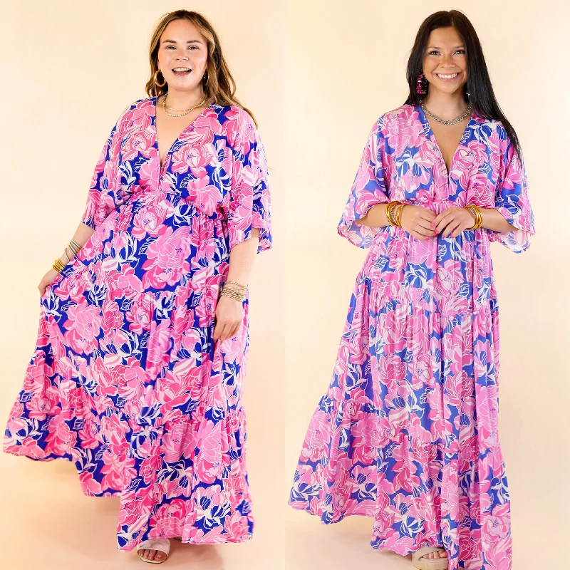 Waving Hello Floral Maxi Dress with V Neckline in Blue and Pink Stylish Maxi Dress with Frills Waving Hello Floral Maxi Dress with V Neckline in Blue and Pink Stylish Maxi Dress with Frills