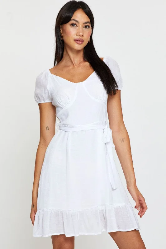 White Mini Dress Short Sleeve Stylish Button-Down Mini Dress