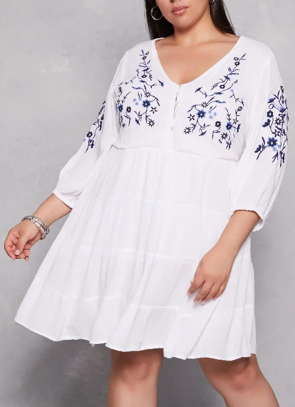 Plus Size Floral Embroidered Tiered Mini Dress Comfortable Fit-and-Flare Mini Dress