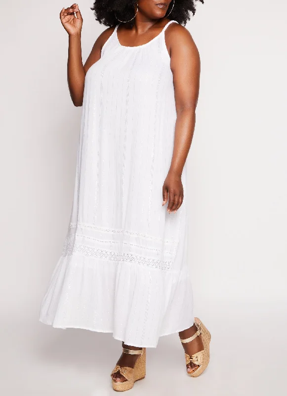 Plus Size Gauze Knit Lurex Striped Maxi Dress Fashionable Off-Shoulder Maxi Dress
