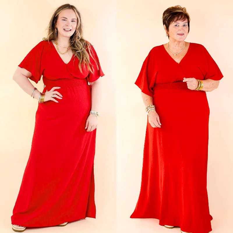 Wildly In Love V Neck Maxi Dress with Smocked Waist in Red Chic Off-Shoulder Maxi Dress Wildly In Love V Neck Maxi Dress with Smocked Waist in Red Chic Off-Shoulder Maxi Dress