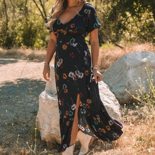 Women's Floral V-Neck Puff Sleeve Maxi Dress in Navy