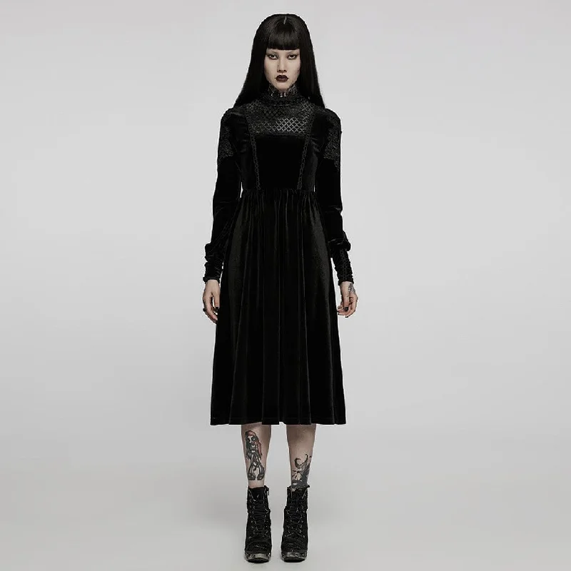 Women's Gothic Applique High-waisted Velet Maxi Dress Elegant Maxi Dress with Belt