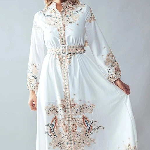 Women's Western High Neck Paisley Maxi Dress in Cream