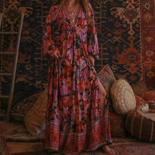 Women's Tiered Long Sleeve Black Floral Maxi Dress