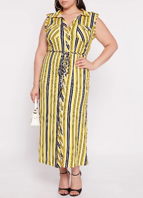 Plus Size Sleeveless Striped Shirt Maxi Dress Classic V-Neck Maxi Dress