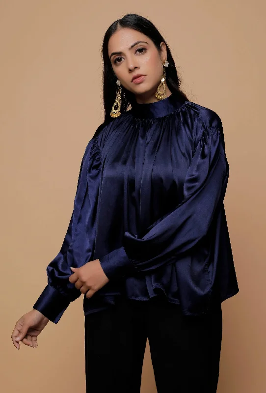 Blue Satin Bishop Sleeves Shirt Comfortable Fit Short Shirt