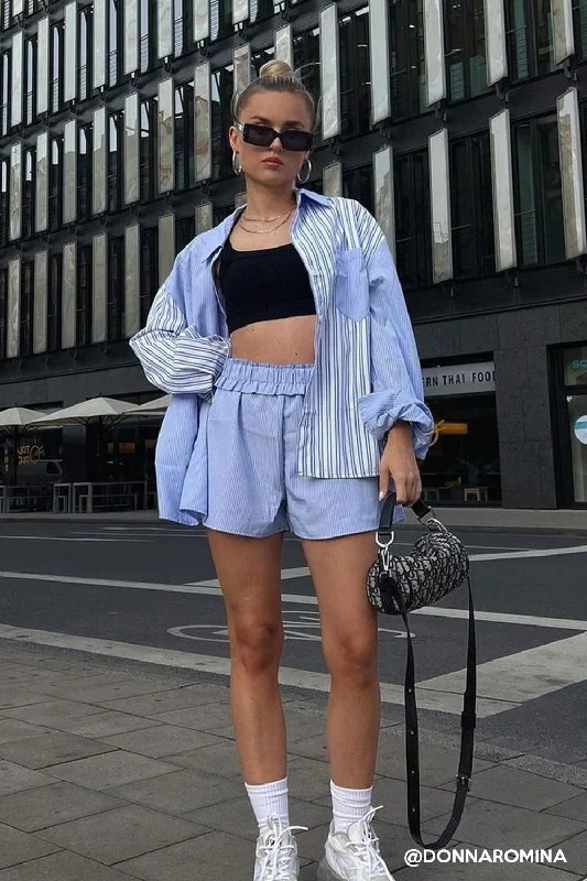Alex Striped Shirt and Short Set Elegant High-Low Short Shirt