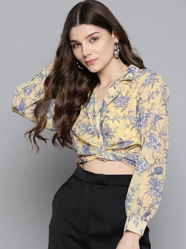 Women's Yellow Floral Tie Knot Crop Shirt Top - SASSAFRAS Soft Silk Short Sleeve