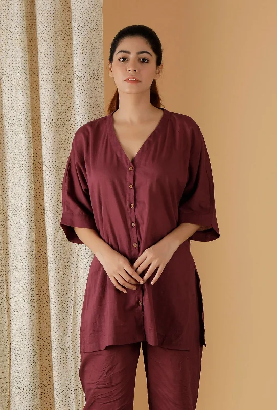 Mulmul Cotton Plum V Neck Button Down Shirt Soft Flowing Short Shirt