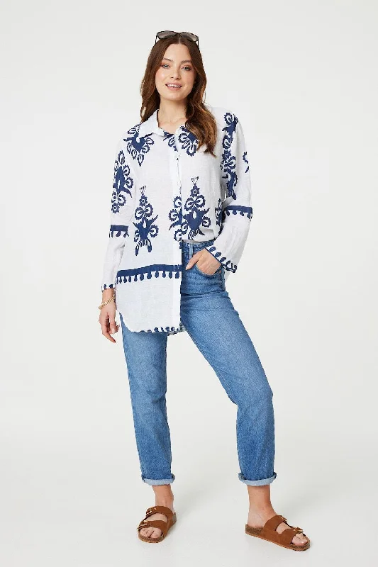 Printed Oversized Button Down Shirt Modern Casual Short Sleeve