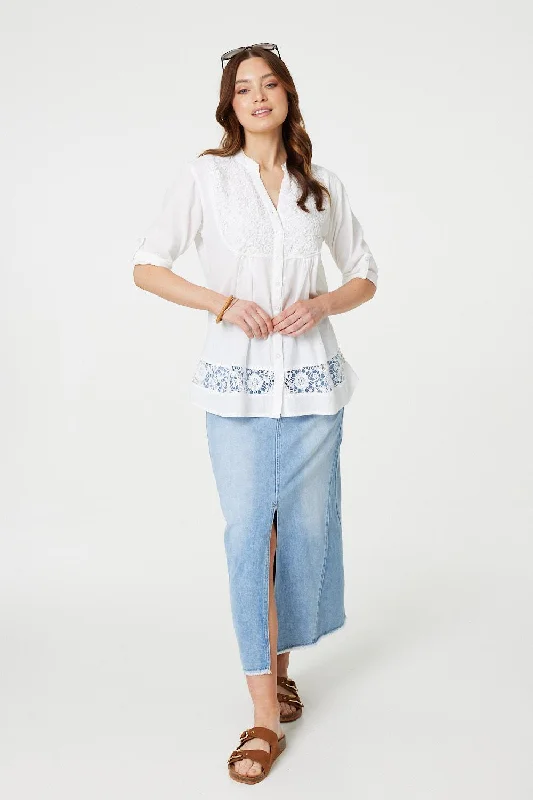 Lace Detail Collarless Button Down Shirt Cozy Linen Short Shirt