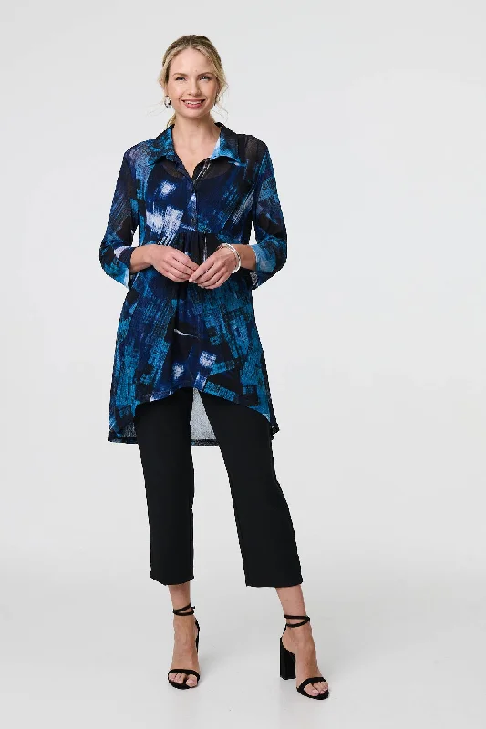 Abstract Sheer Curve Hem Longline Shirt Comfortable Pocket Short Shirt