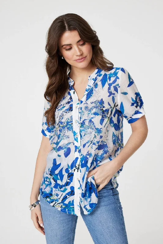 Leaf Print Short Puff Sleeve Shirt Stylish Short Sleeve Top