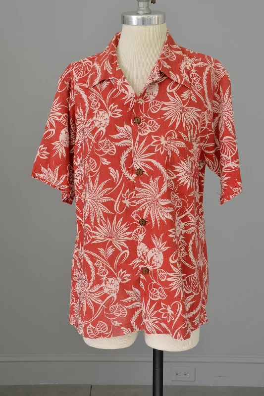 1940s 50s Red White Atomic Floral and Pineapple Print Unisex Hawaiian Shirt Comfortable Fit Short Shirt