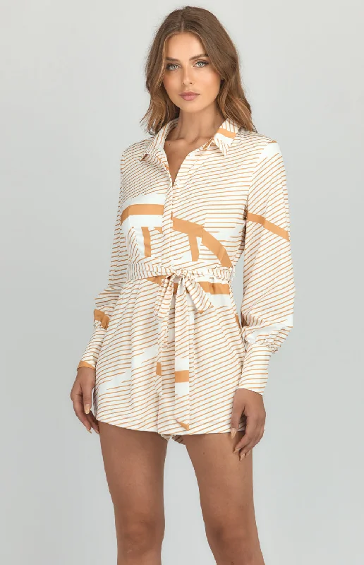 Abstract Print Playsuit with Shirt Details Trendy Short Sleeve Blouse