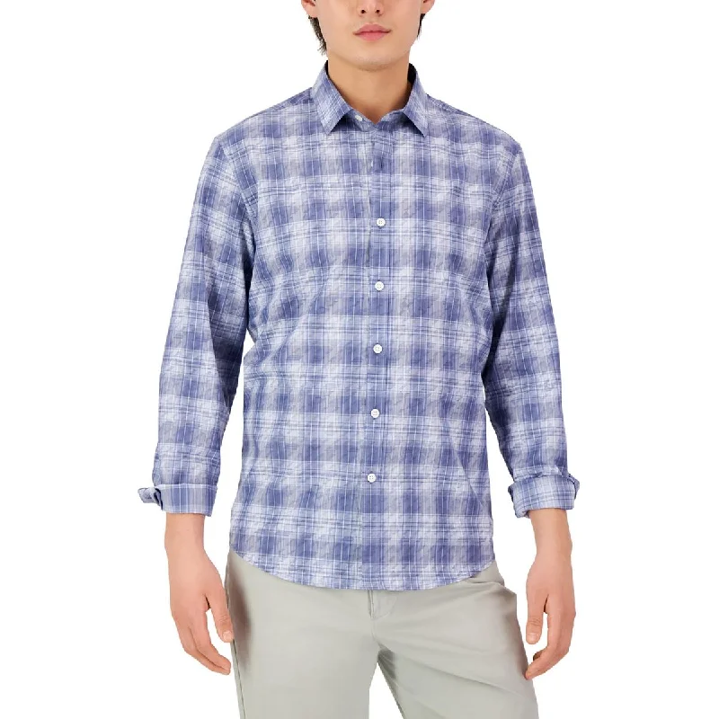 Alfani Mens Plaid Collared Button-Down Shirt Relaxed Cotton Short Shirt