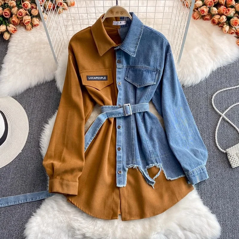 Denim new style irregular mid-length shirt     S3891 Fashionable Pleated Short Shirt