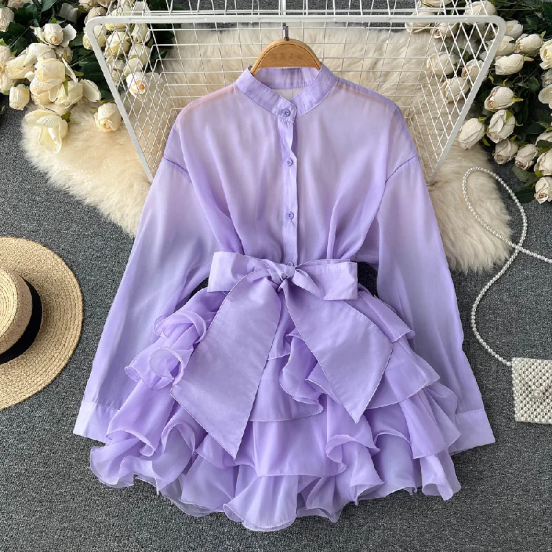 Chiffon Chic Top Women's New Ruffled Design Bow Shirt    S4501 Fashionable Sheer Short Shirt