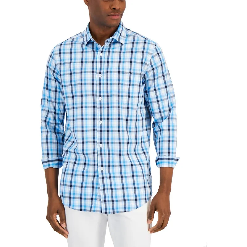 Club Room Mens Drew Knit Plaid Button-Down Shirt Classic Short Sleeve Tunic