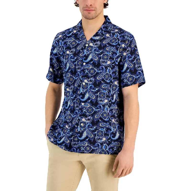 Club Room Mens Silk Blend Paisley Button-Down Shirt Chic V-Neck Short Blouse