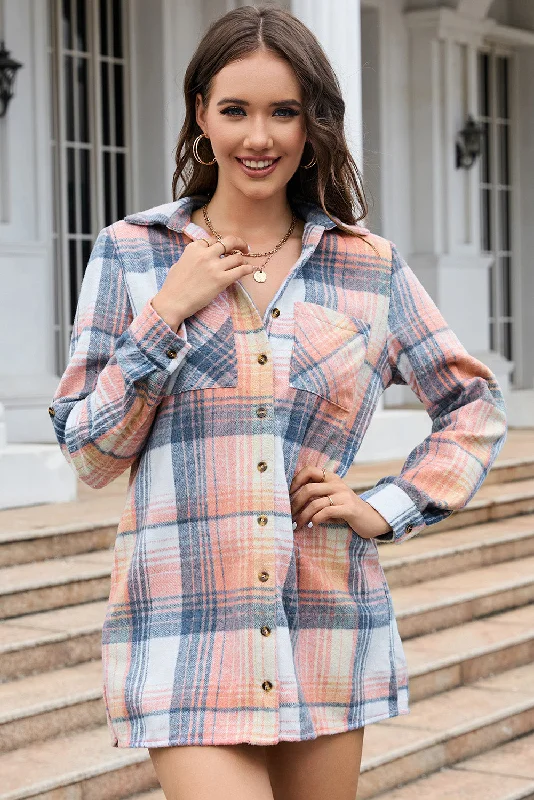 Collared Neck Long Sleeve Plaid Pocketed Shirt Relaxed Fit Short Blouse