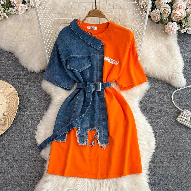 denim shirt new chic casual mid-length top      S3913 Modern Short Sleeve Top
