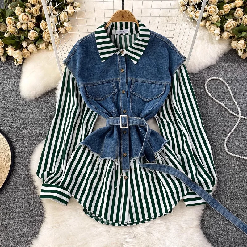 Denim Vest Spliced Striped Shirt Women's Casual Irregular Top S4051 Comfortable Fit Short Shirt Denim Vest Spliced Striped Shirt Women's Casual Irregular Top S4051 Comfortable Fit Short Shirt