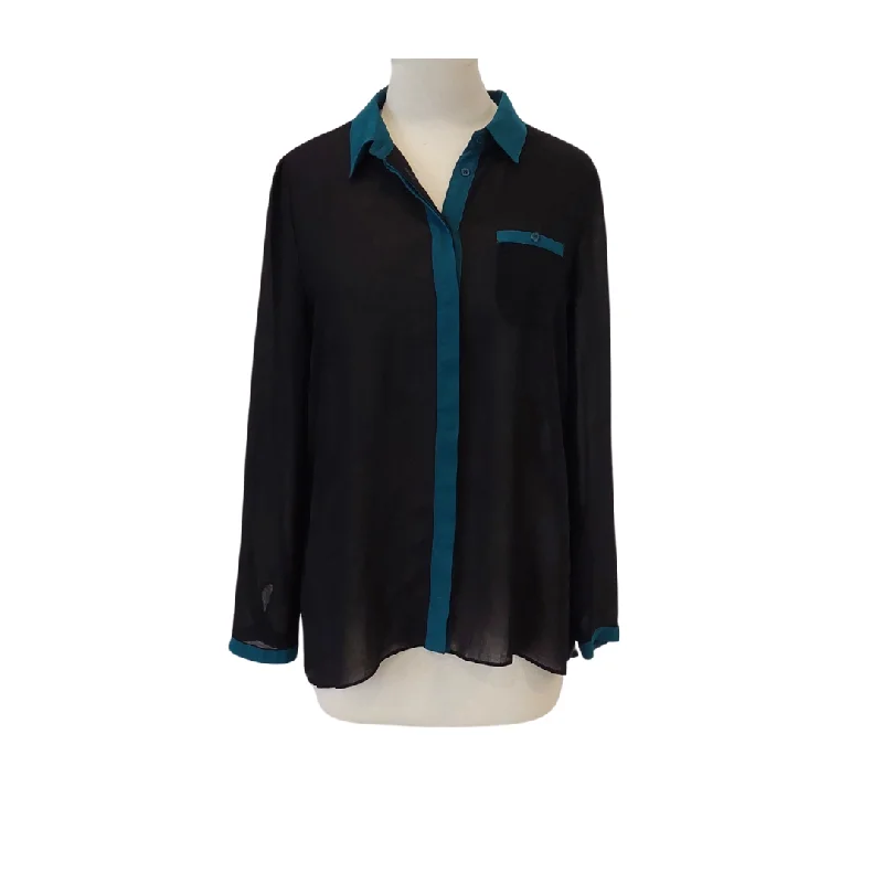 F&F Black with Teal Trim Collared Sheer Shirt | Pre Loved | Cozy Printed Short Shirt