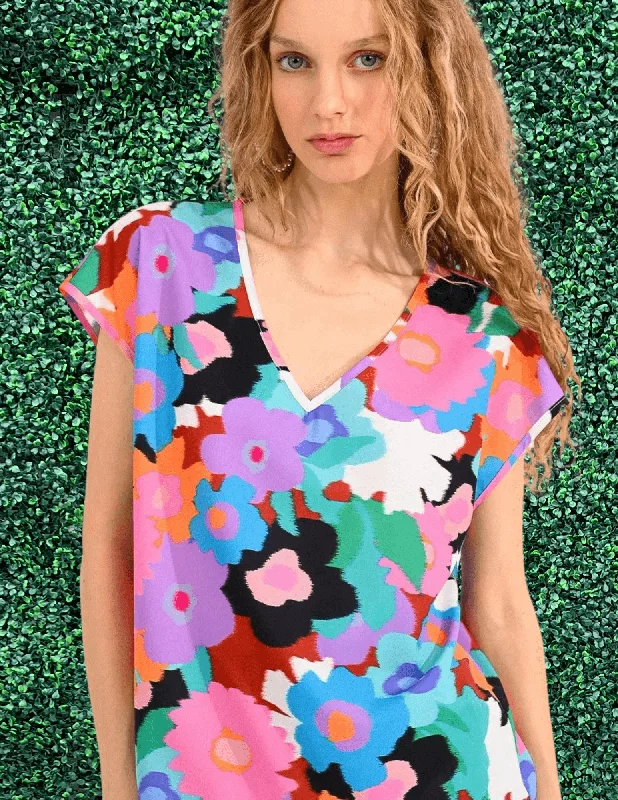 Floral Splotch Rainbow Shirt Casual Button-Up Short Tee