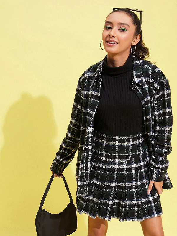 Girls Black & Green Check Oversized Shirt Relaxed Fit Short Shirt