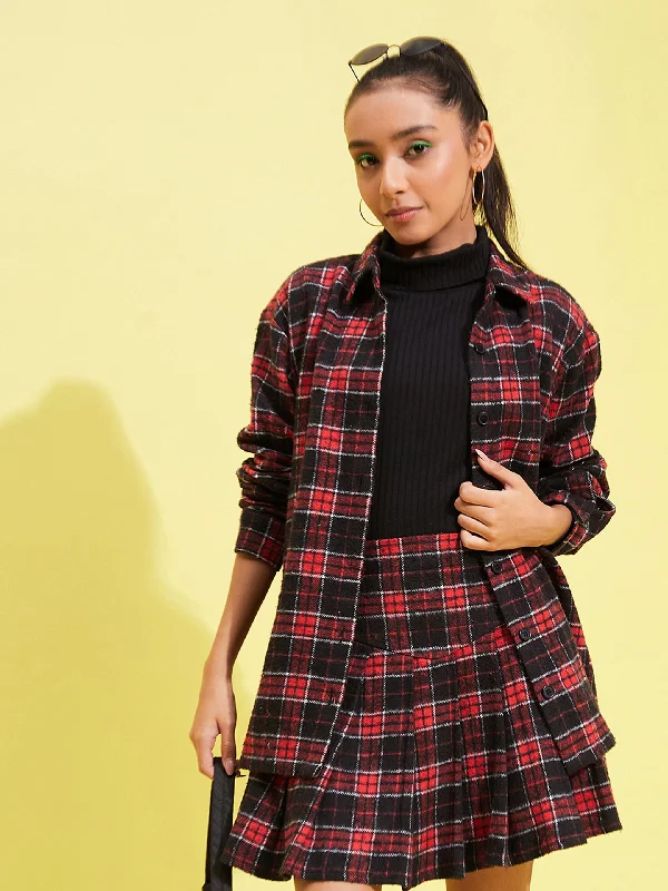 Girls Red & Black Check Oversized Shirt Modern Casual Short Sleeve