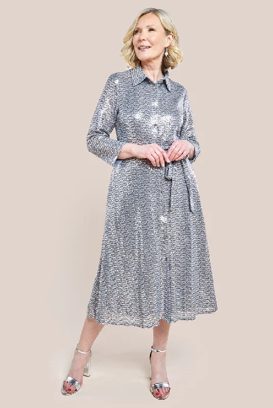 Goddiva Sequin Skater Shirt - Silver Soft Cotton Short Shirt