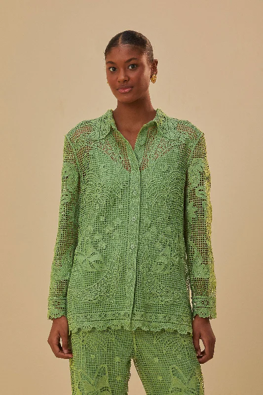 Green Guipire Long Sleeve Shirt Comfortable Stretch Short Shirt