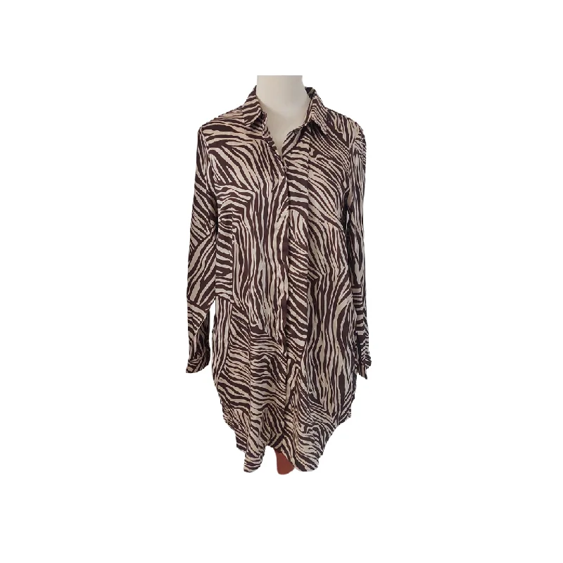 H&M Brown & Beige Zebra Print Satin Long Collared Shirt | Pre Loved | Fashionable Button-Front Short Sleeve