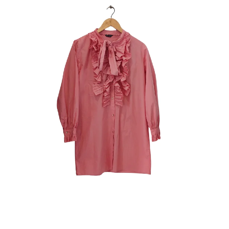 Iconic Pink Ruffled Button Down Shirt | Gently Used | Elegant High-Low Short Shirt