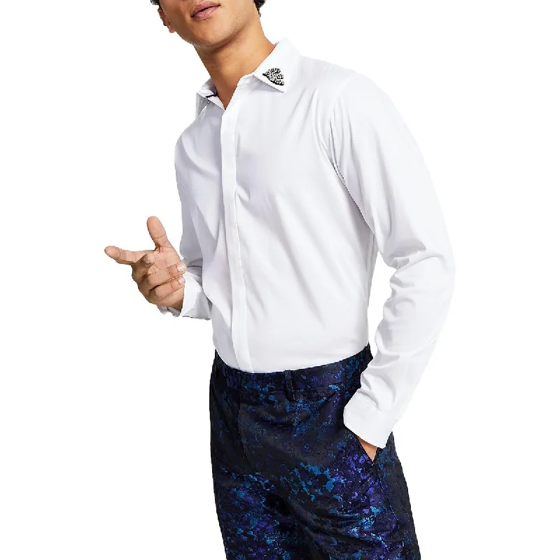 INC Mens Embellished Stretch Button-Down Shirt Trendy Tie-Front Short Shirt