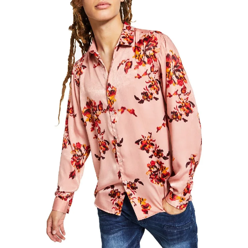 INC Mens Satin Floral Button-Down Shirt Relaxed Fit Short Tunic